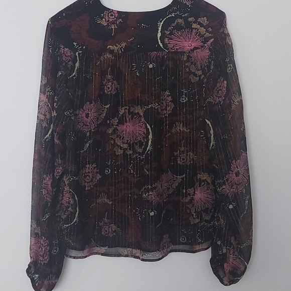 A.L.C. Mac Crinkle Silk Chiffon Floral V-Neck Top Sheer Sleeve Gold Size 14 - Picture 4 of 9